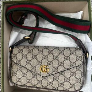 Gucci Beige GG Supreme Crossbody with Green-Red Web Strap
